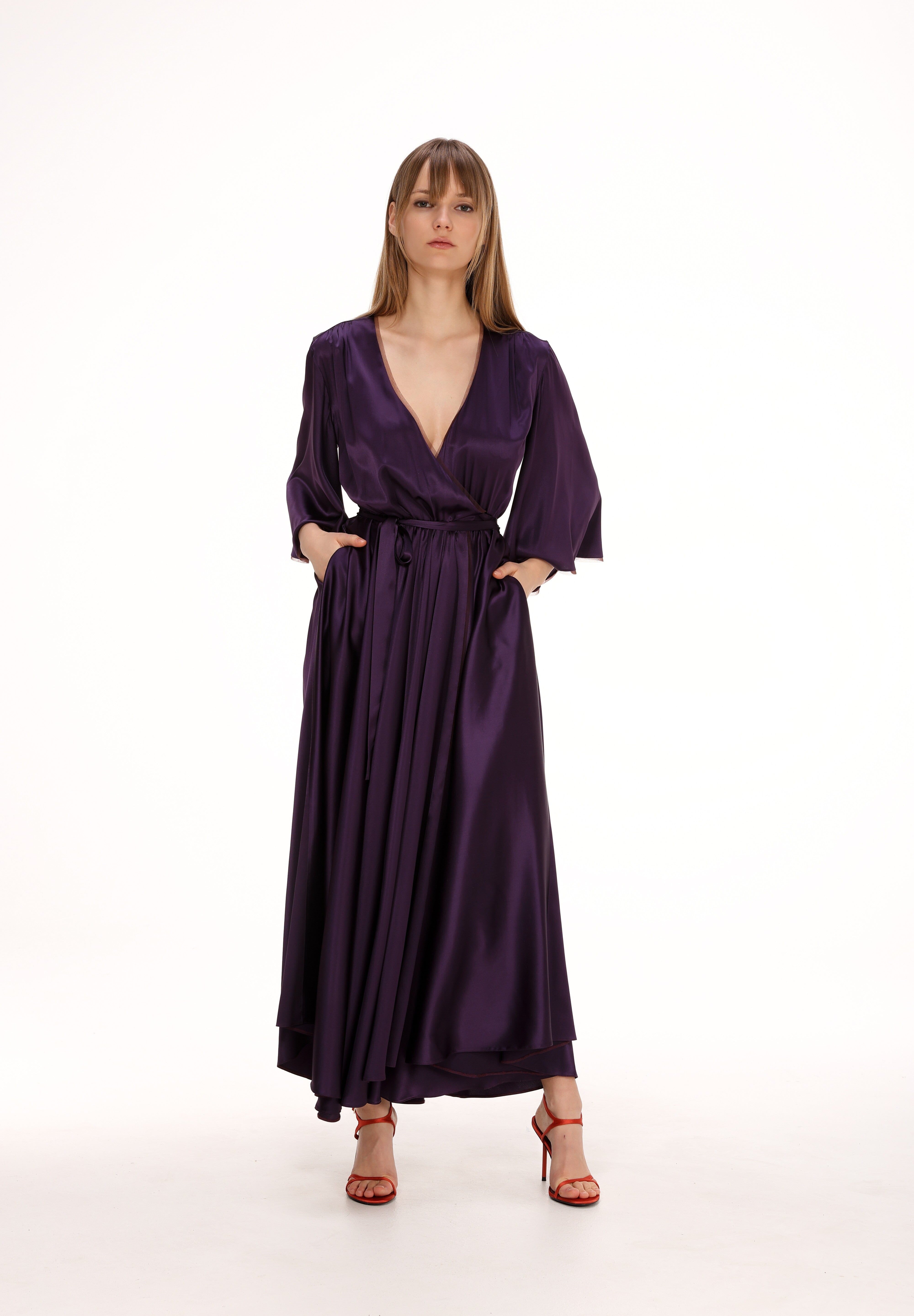  Silk Midi Wrap Dress in Plum Product Amoralle