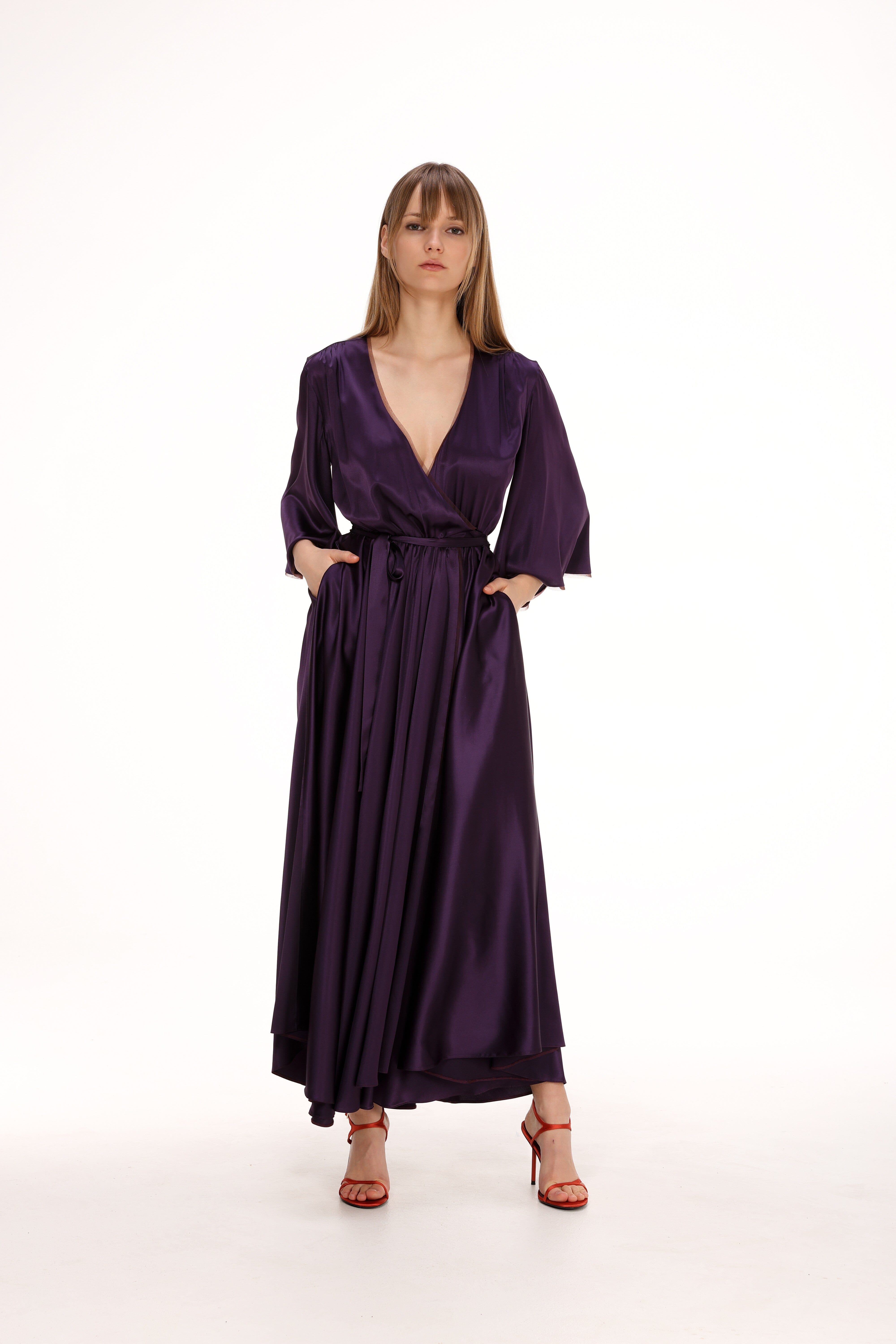  Silk Midi Wrap Dress in Plum Product Amoralle