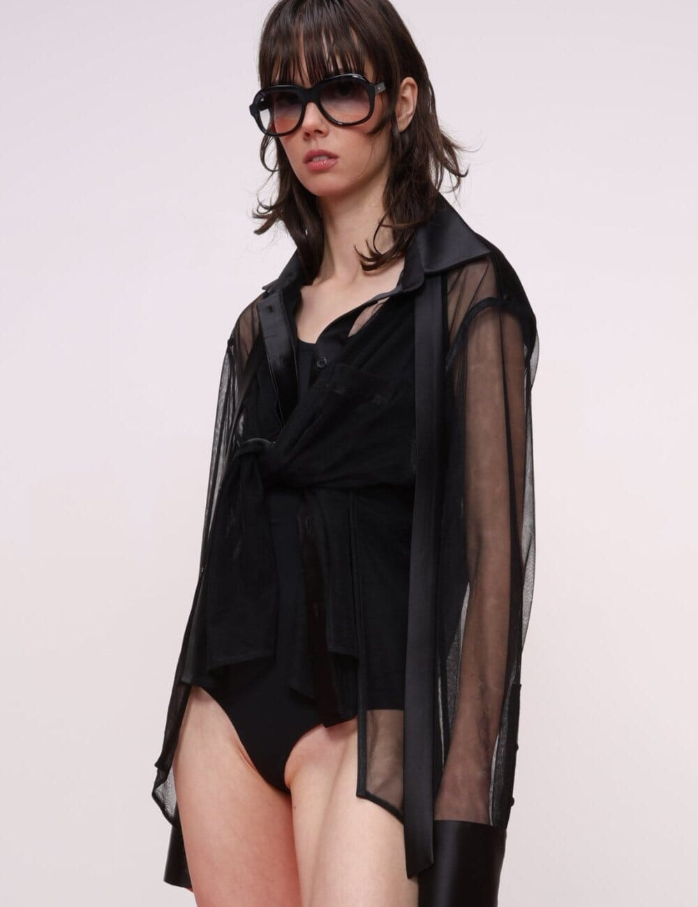 Tulle Button-Up Shirt with Satin Detail Product Amoralle