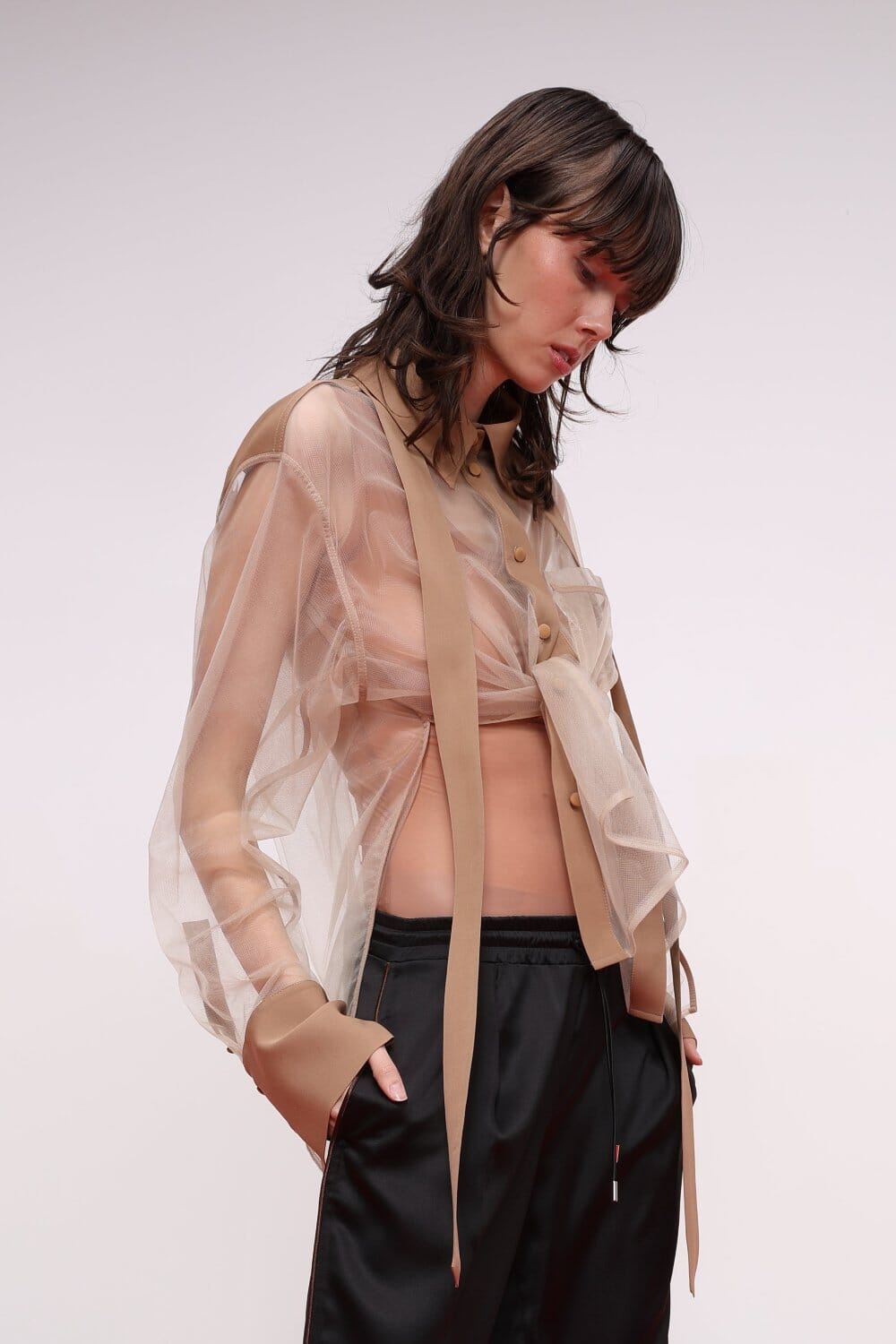  Tulle Button-Up Shirt with Viscose Detail Product Amoralle