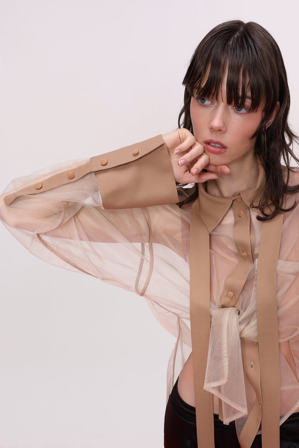  Tulle Button-Up Shirt with Viscose Detail Product Amoralle