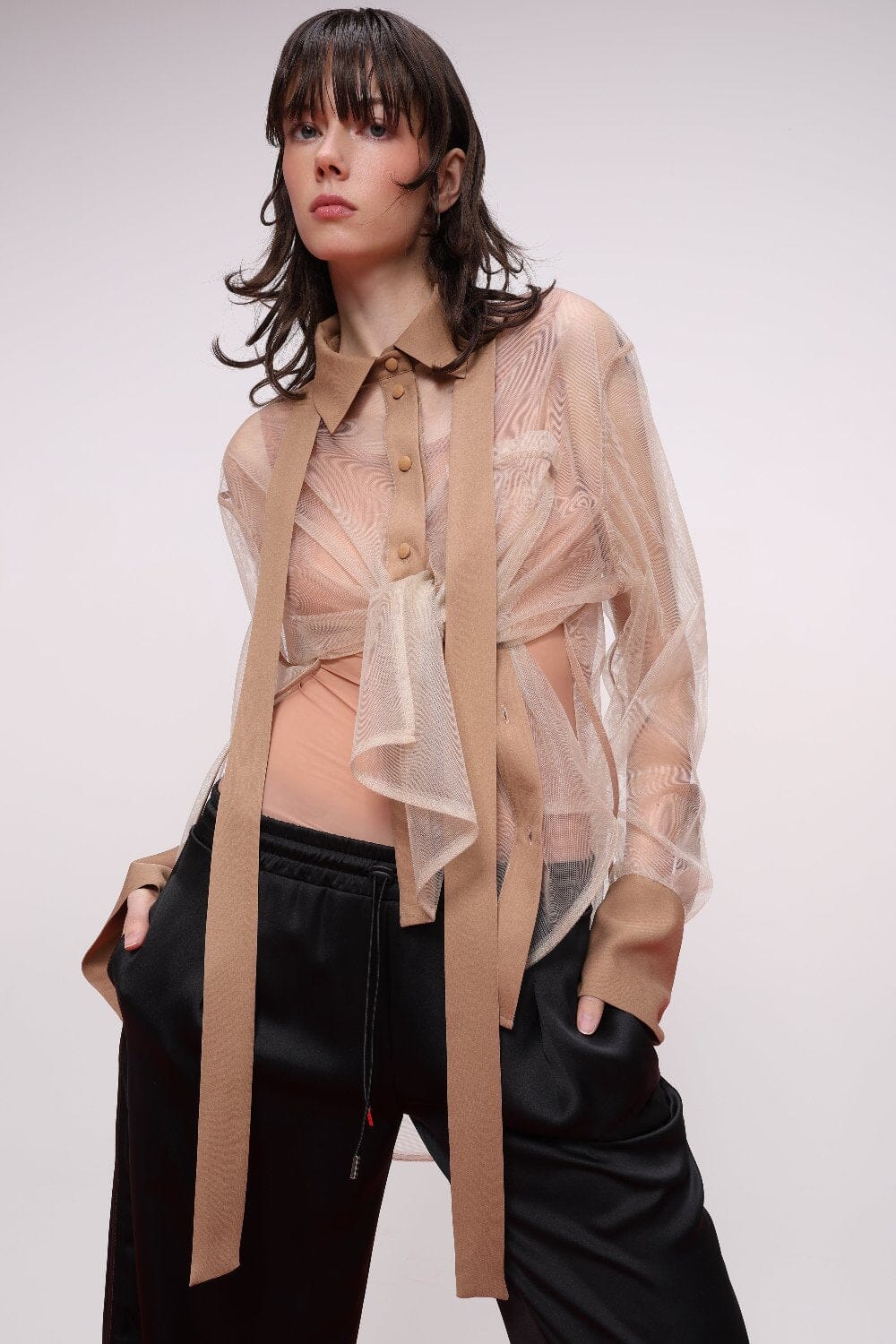  Tulle Button-Up Shirt with Viscose Detail Product Amoralle