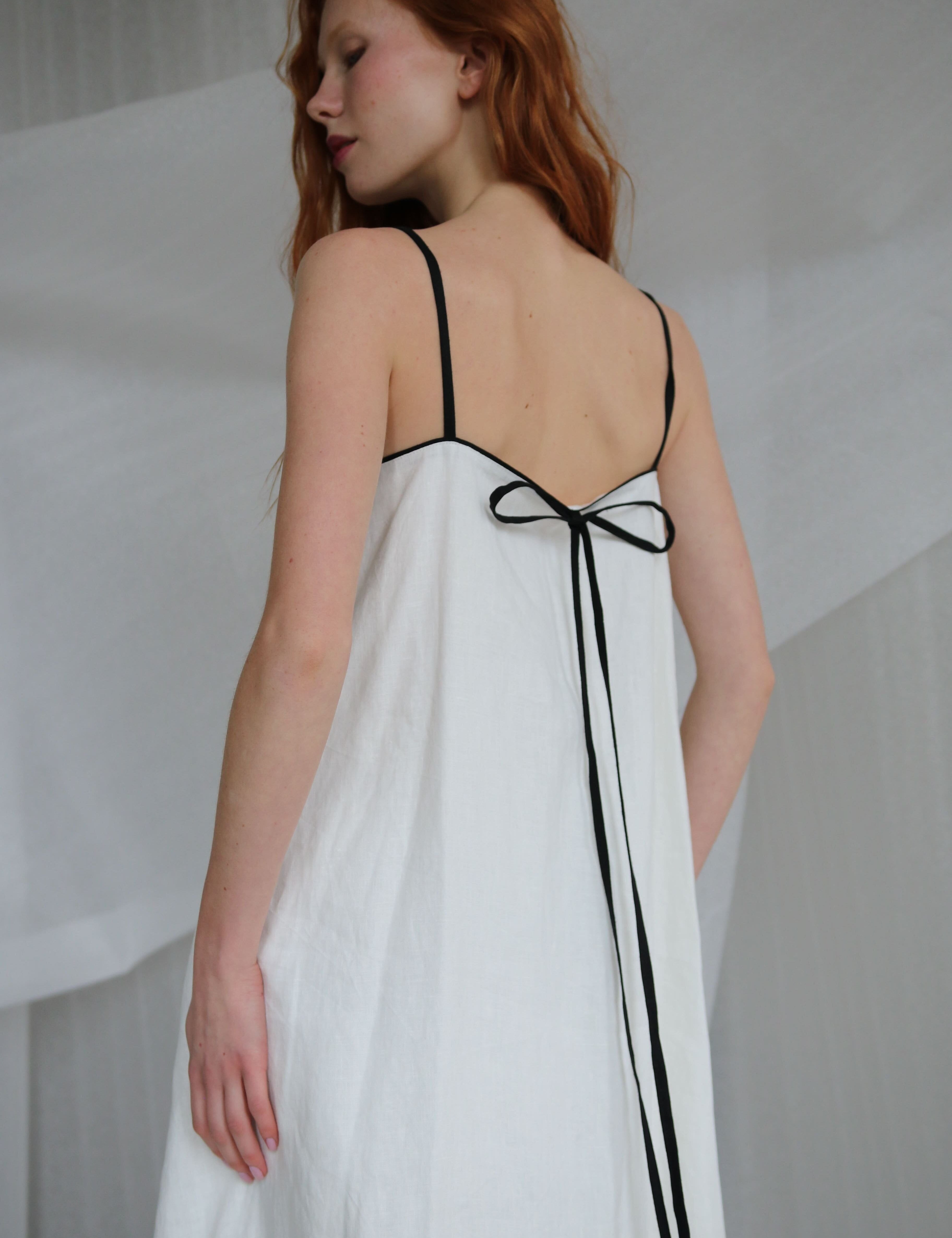  White Linen Dress With Black Straps Product Amoralle
