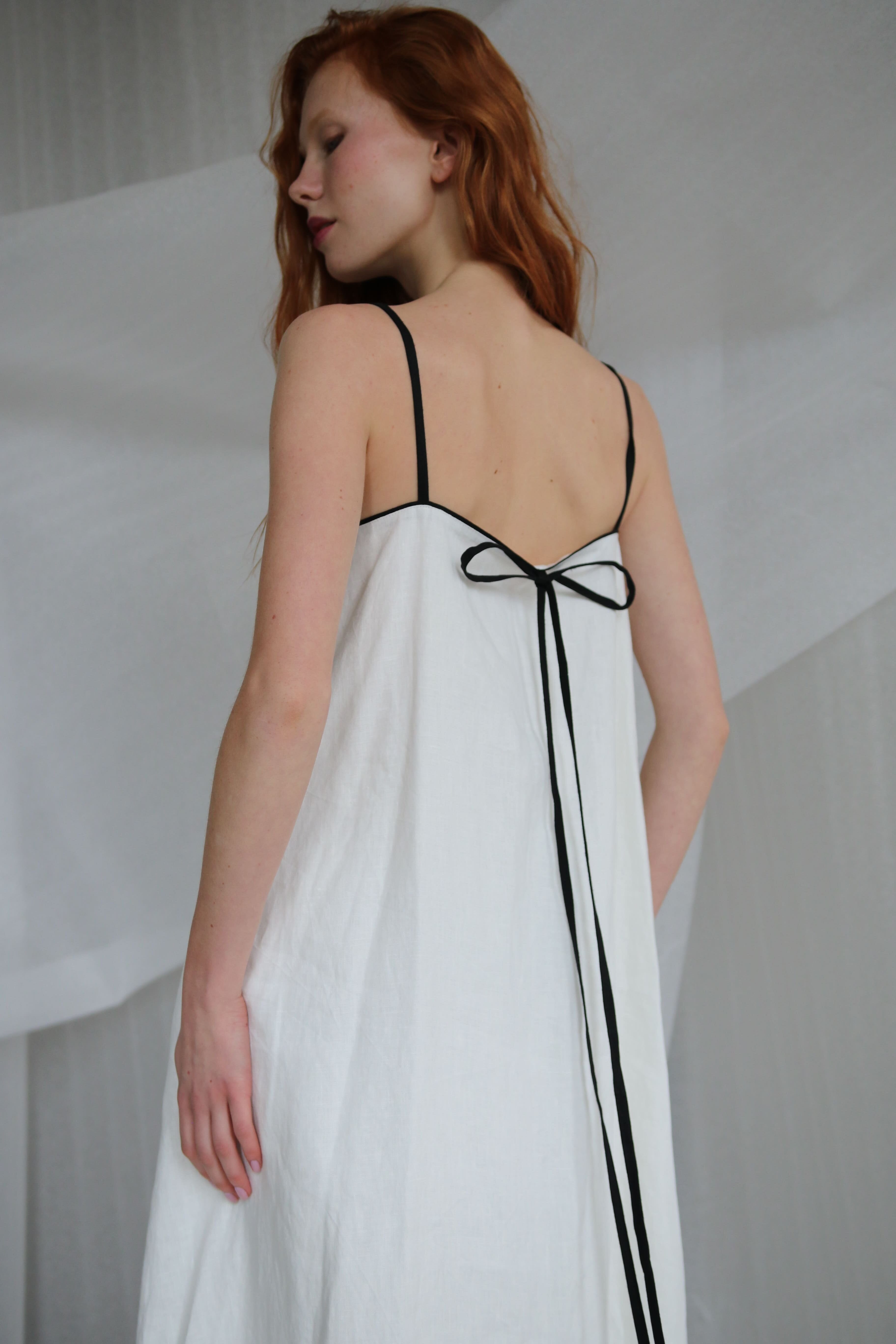  White Linen Dress With Black Straps Product Amoralle