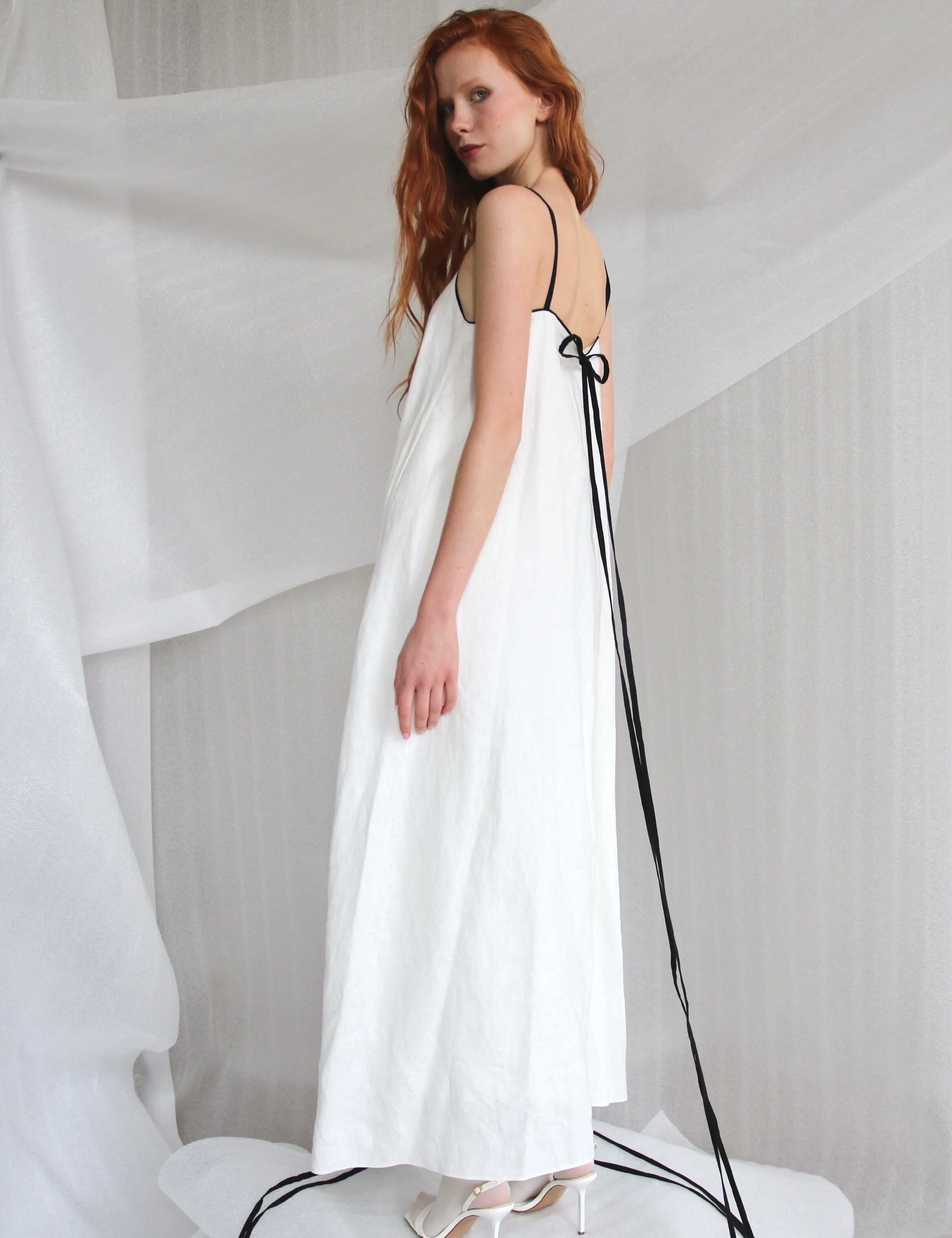  White Linen Dress With Black Straps Product Amoralle