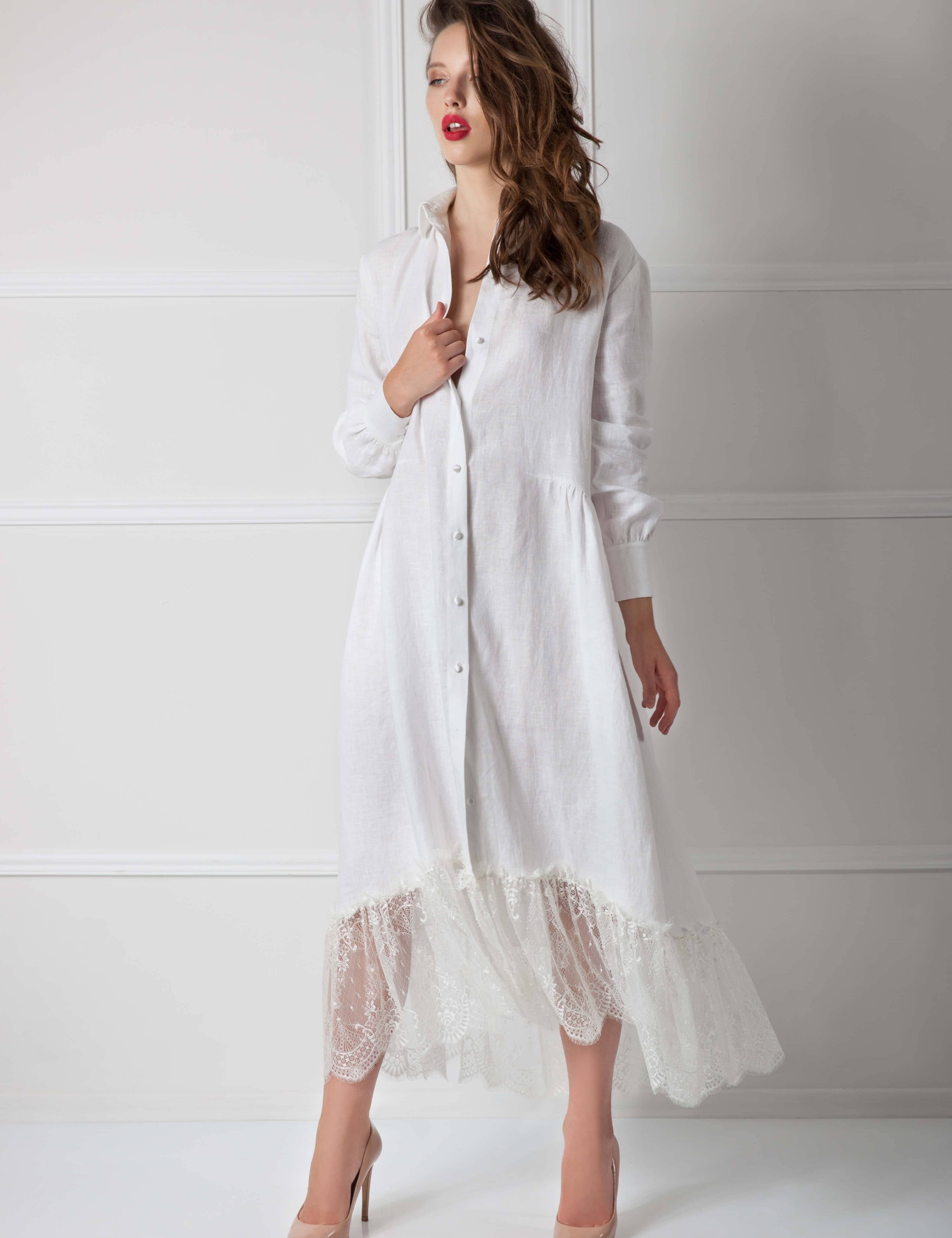  White Linen Dress with Lace and Buttons Product Amoralle