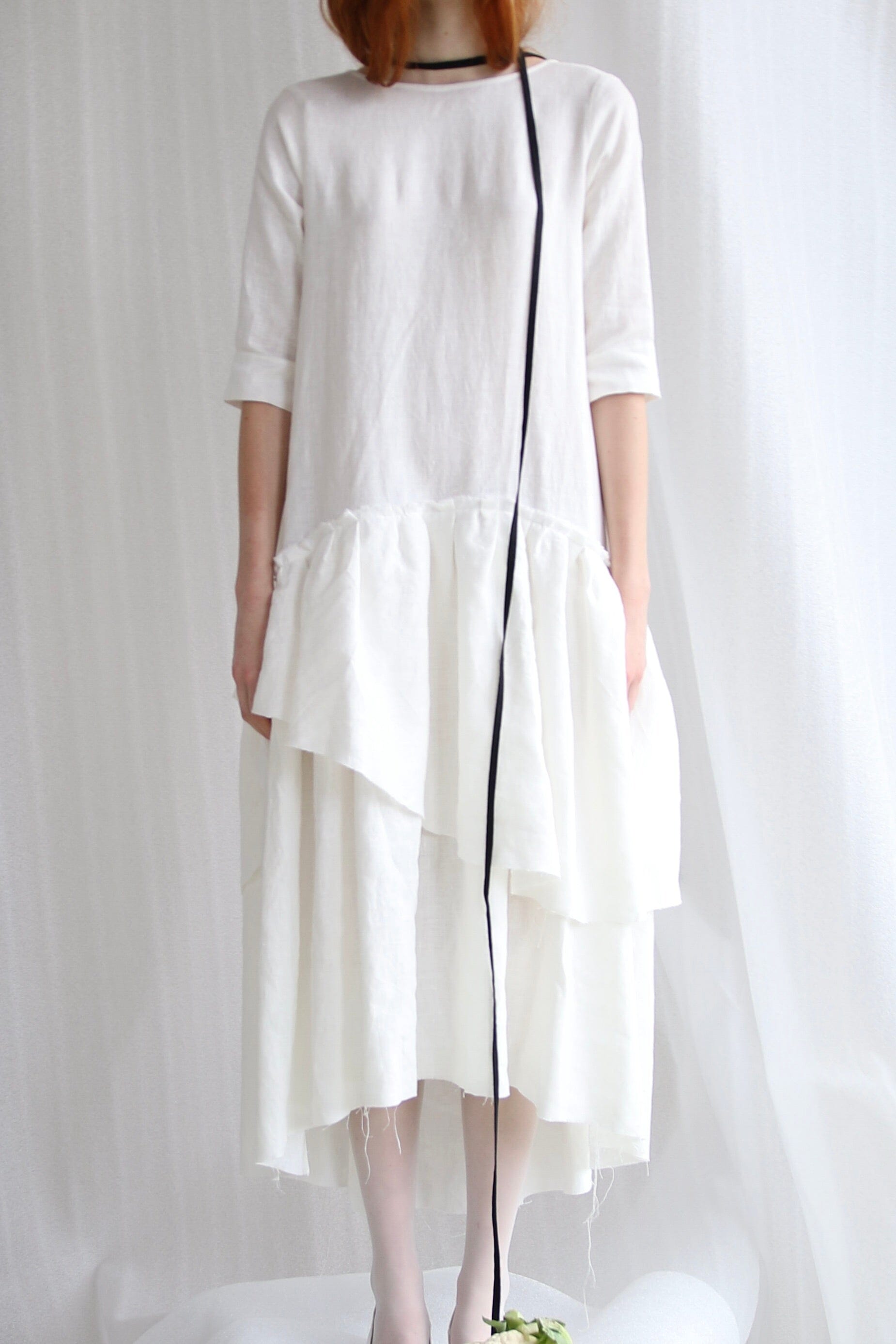  White Linen Dress With Pockets Product Amoralle