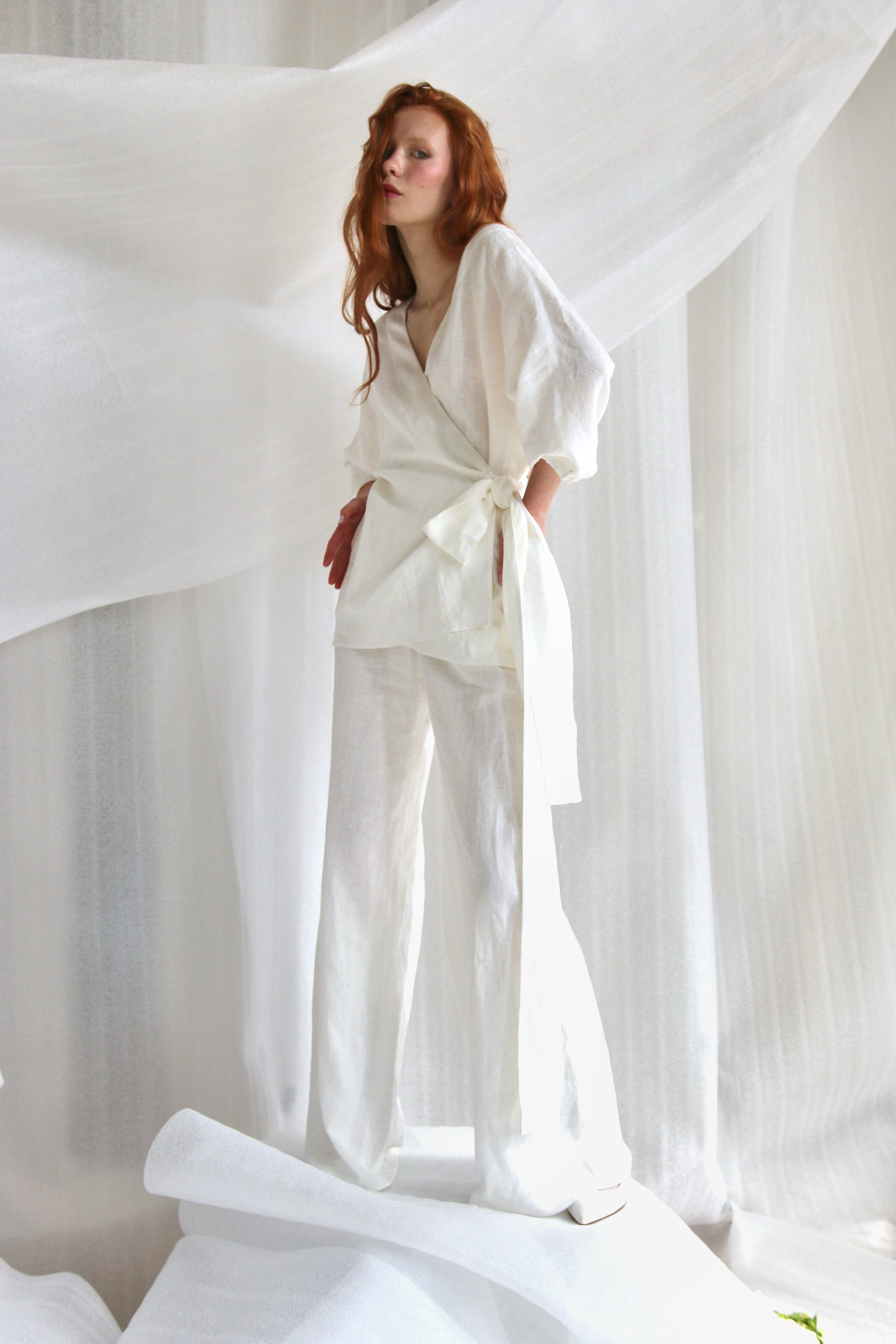  White Linen Set Wrap - Jacket And Trousers Product Amoralle
