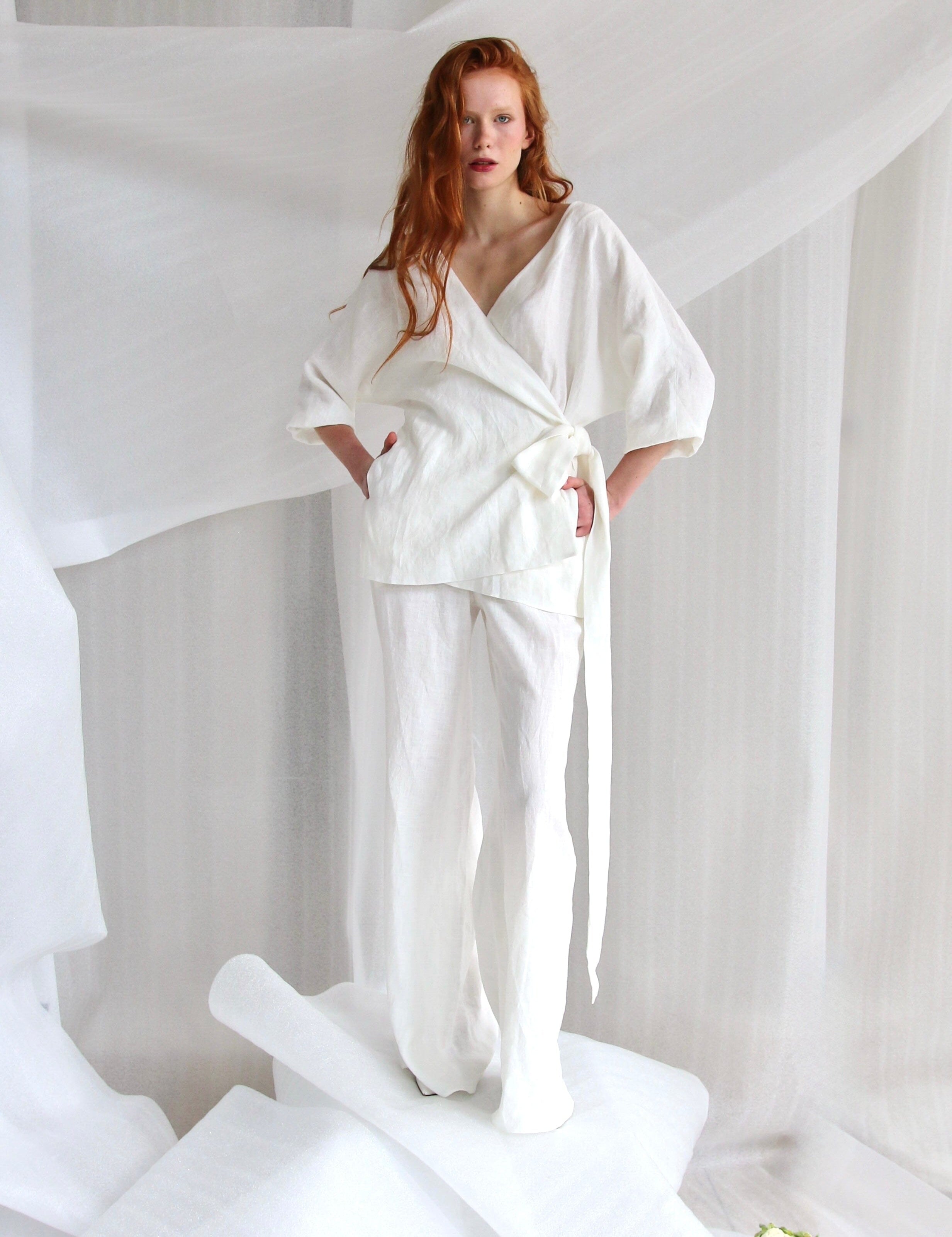  White Linen Set Wrap - Jacket And Trousers Product Amoralle