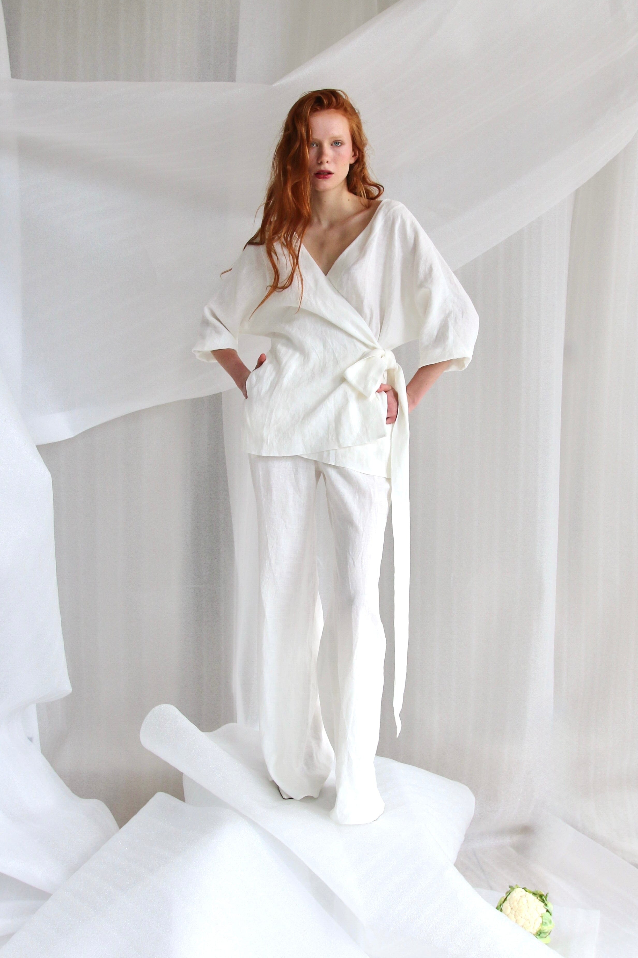  White Linen Set Wrap - Jacket And Trousers Product Amoralle