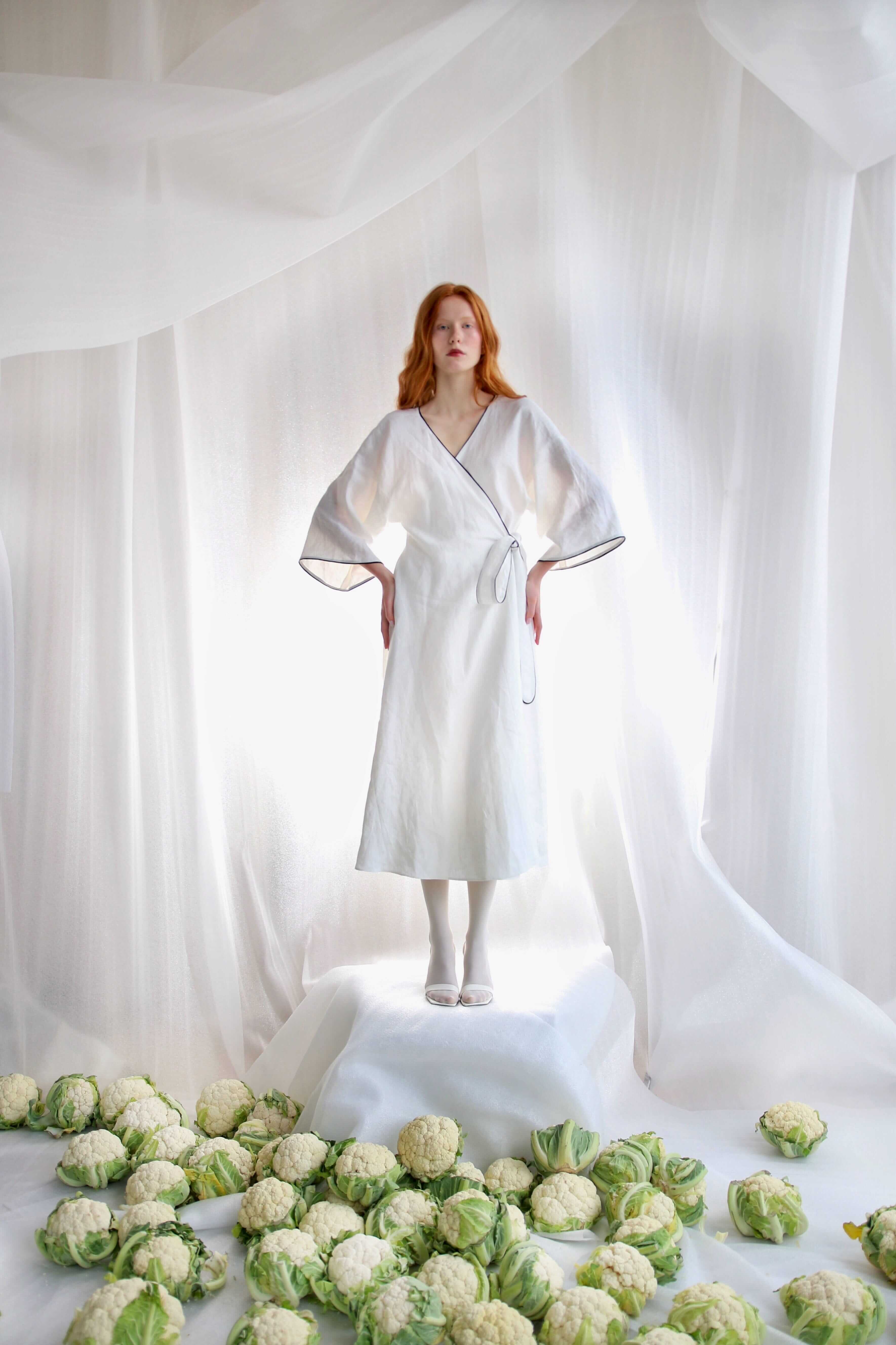  White Linen Wrap Dress With Black Details Product Amoralle