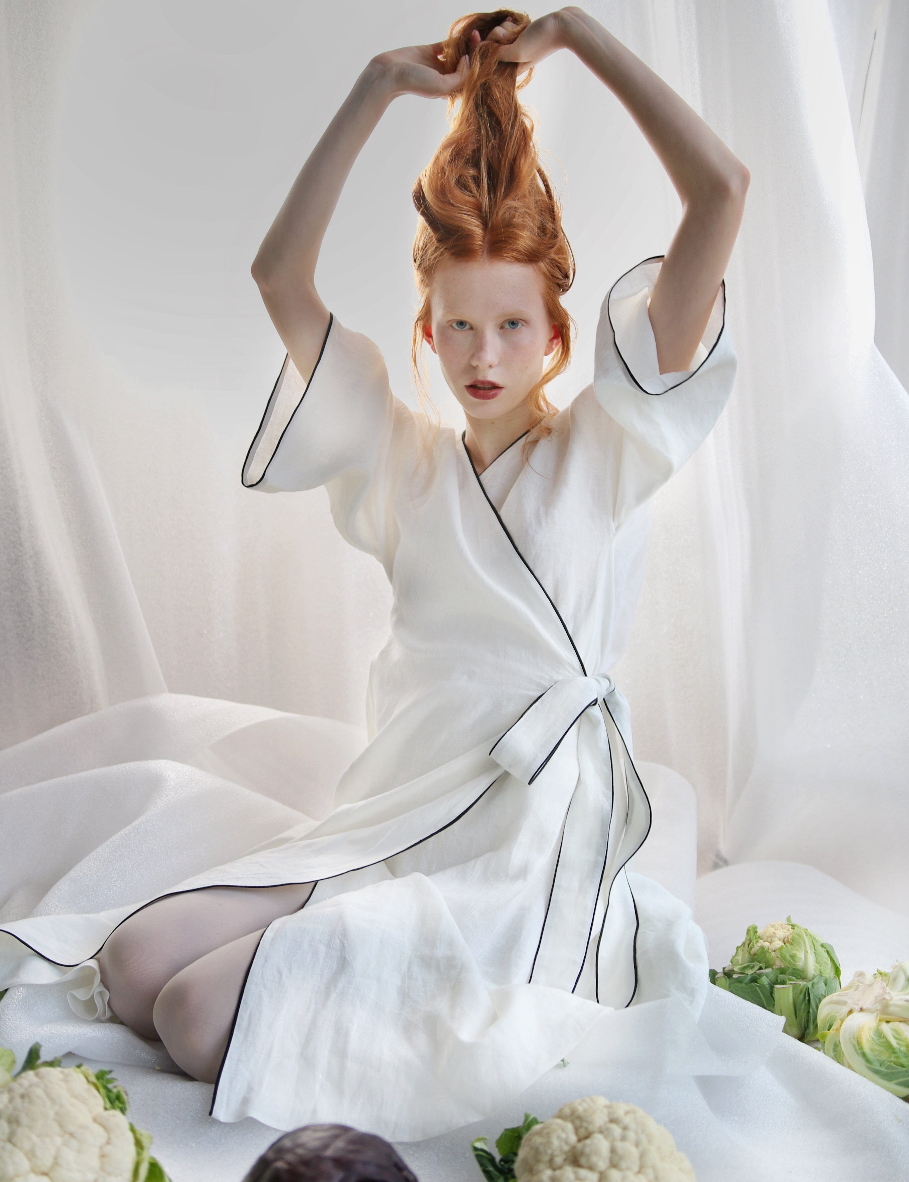  White Linen Wrap Dress With Black Details Product Amoralle