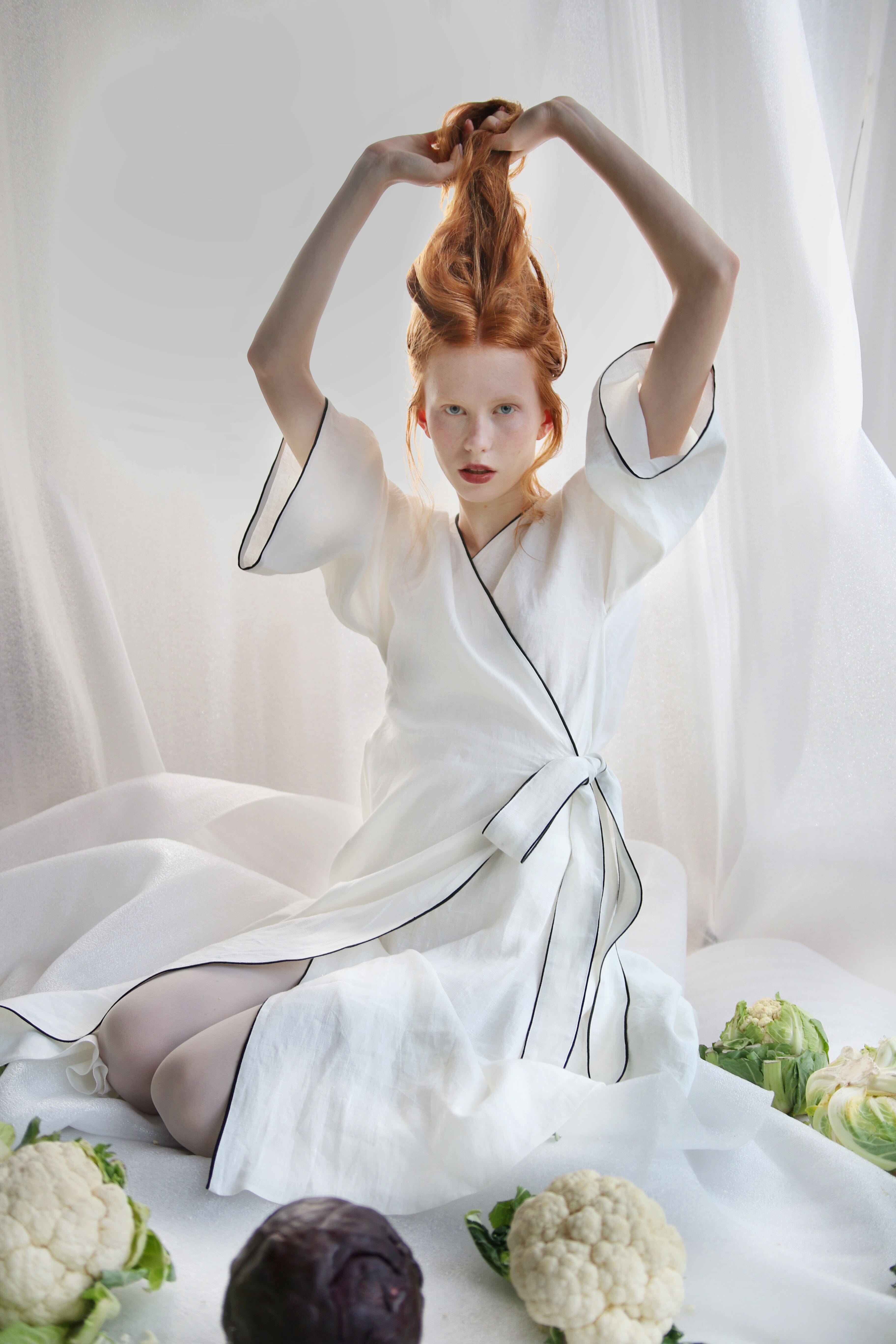  White Linen Wrap Dress With Black Details Product Amoralle