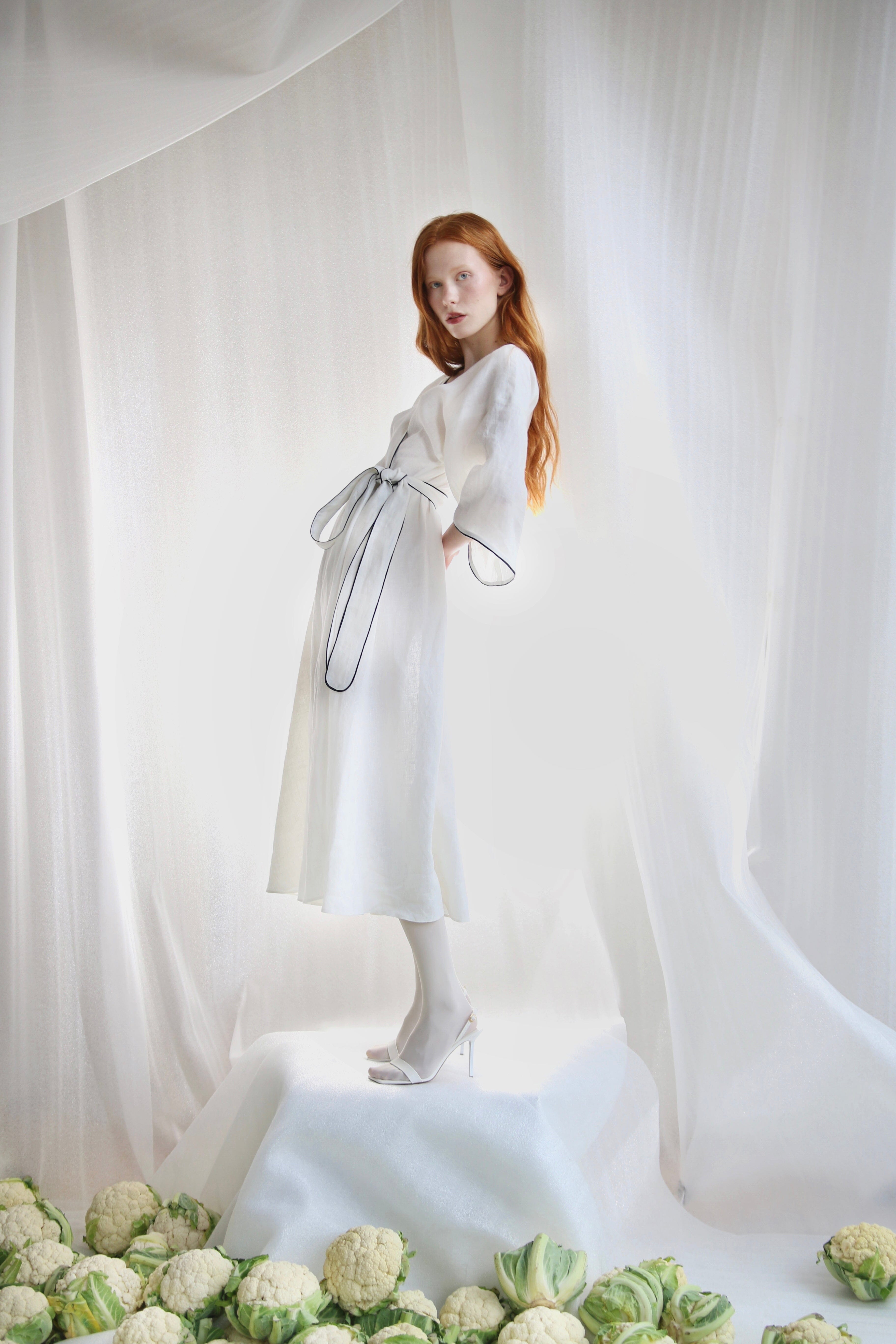  White Linen Wrap Dress With Black Details Product Amoralle