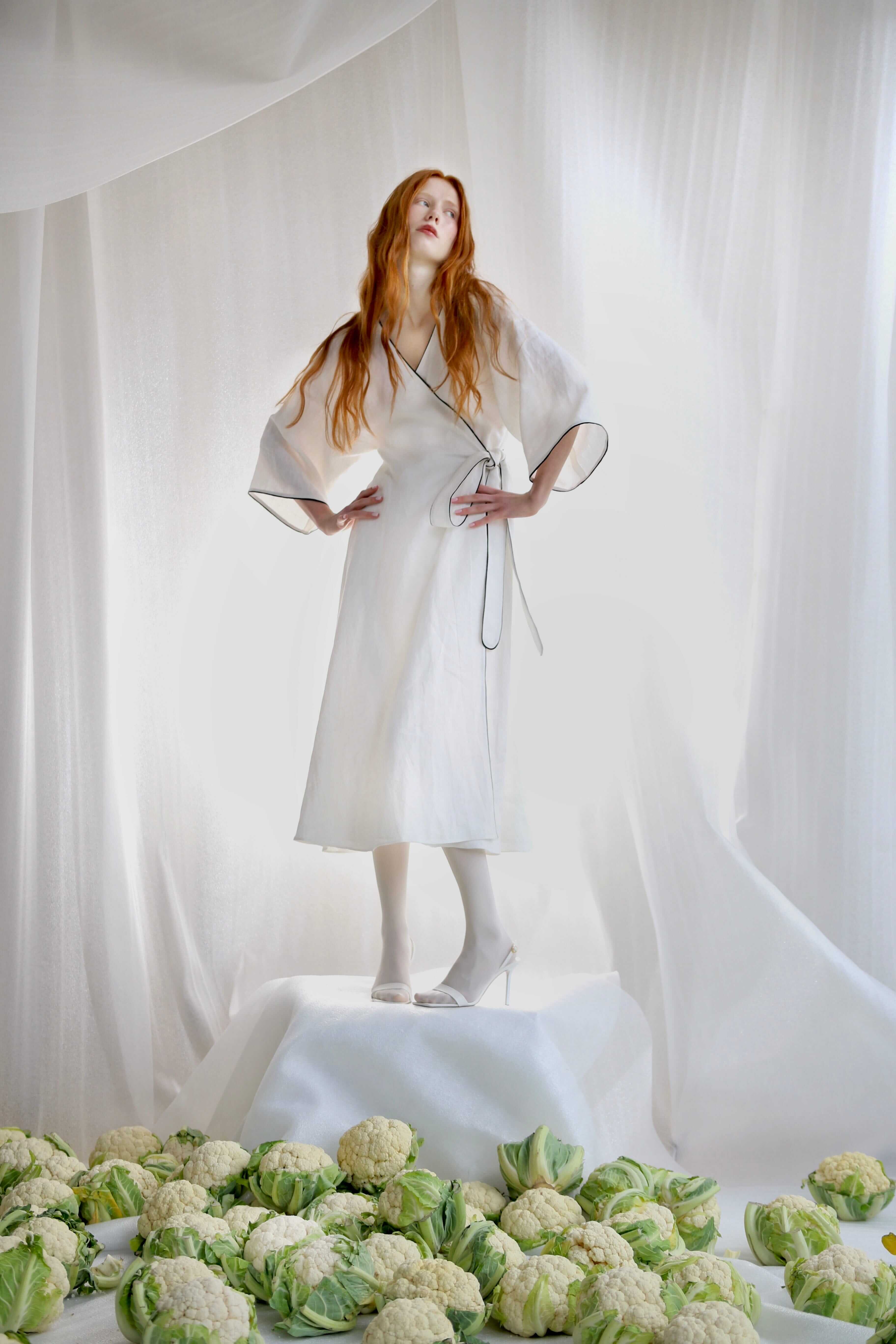  White Linen Wrap Dress With Black Details Product Amoralle