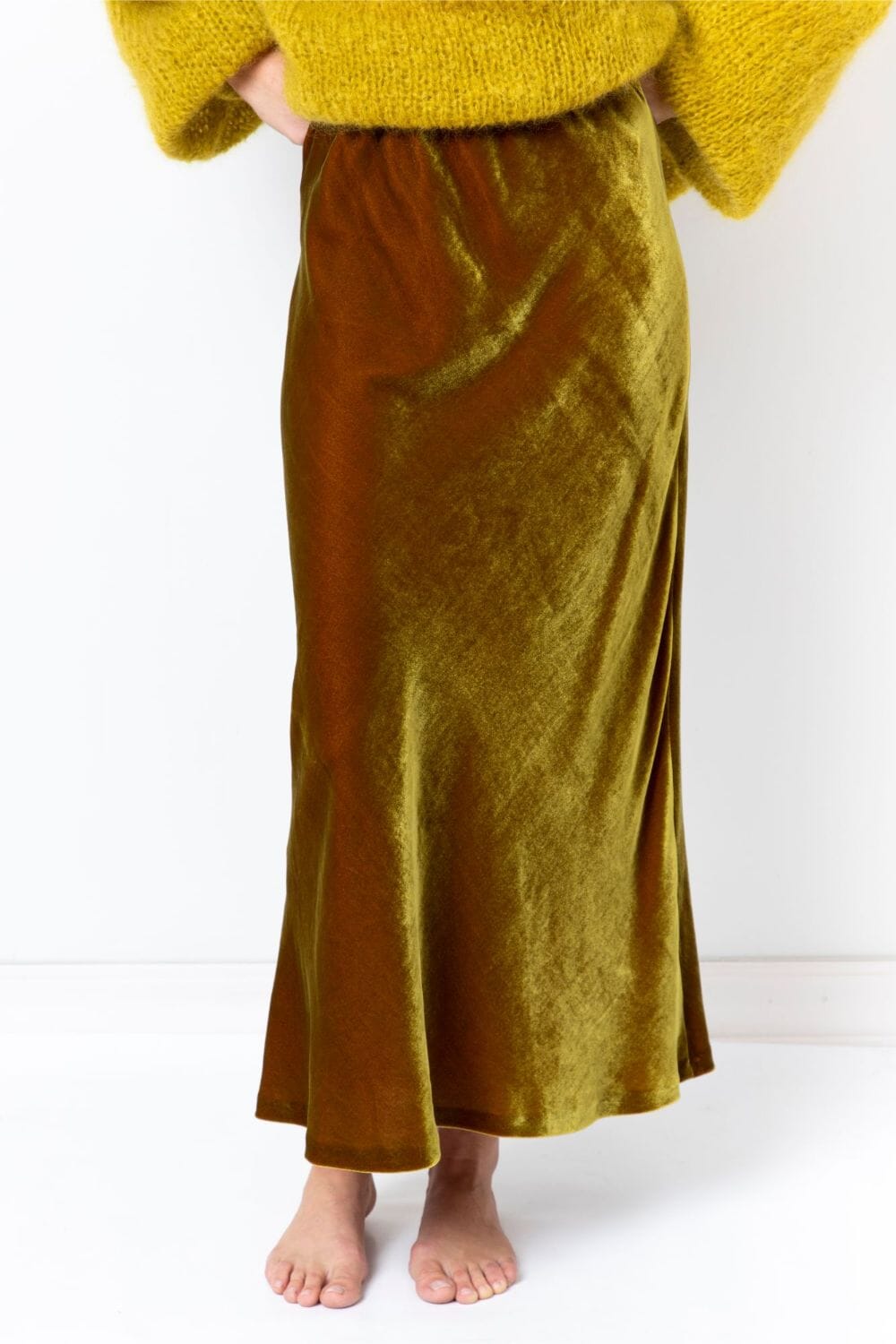  Miraculous Maxi Silk Velvet Skirt Olive Product Amoralle