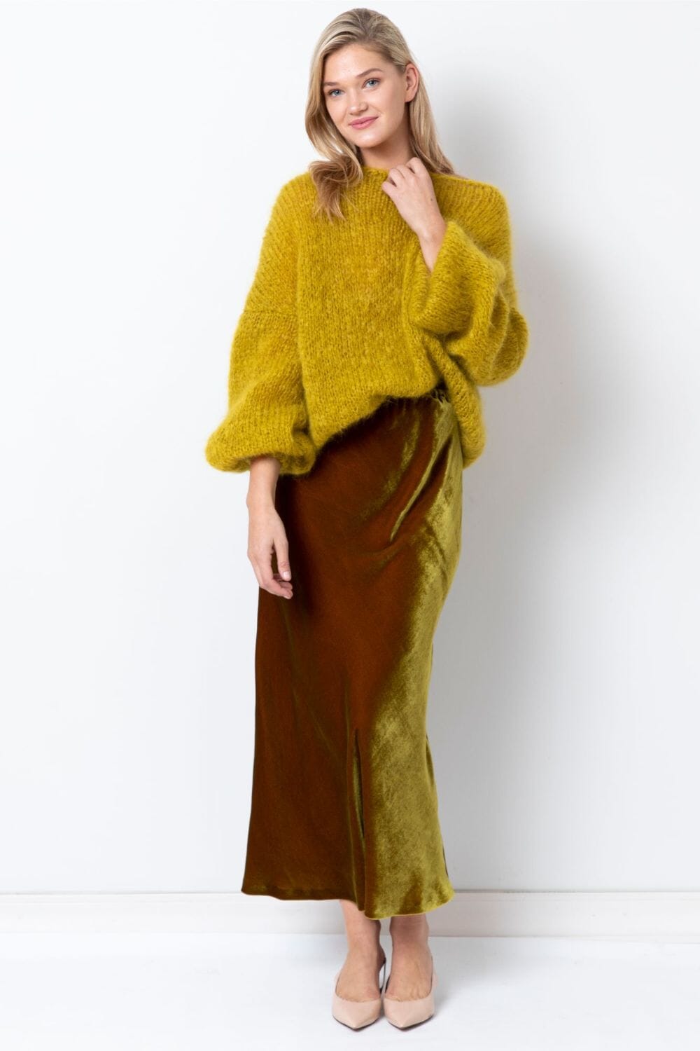  Miraculous Maxi Silk Velvet Skirt Olive Product Amoralle